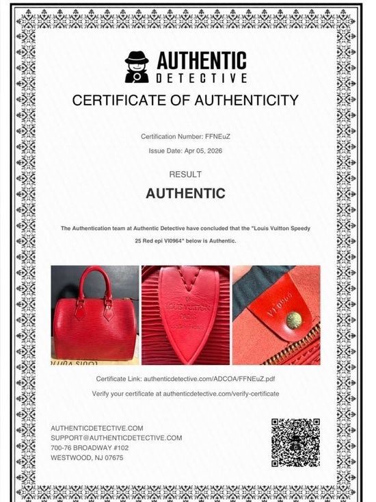 Louis Vuitton Speedy 25 Red Epi handbag with duster.